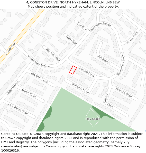 4, CONISTON DRIVE, NORTH HYKEHAM, LINCOLN, LN6 8EW: Location map and indicative extent of plot