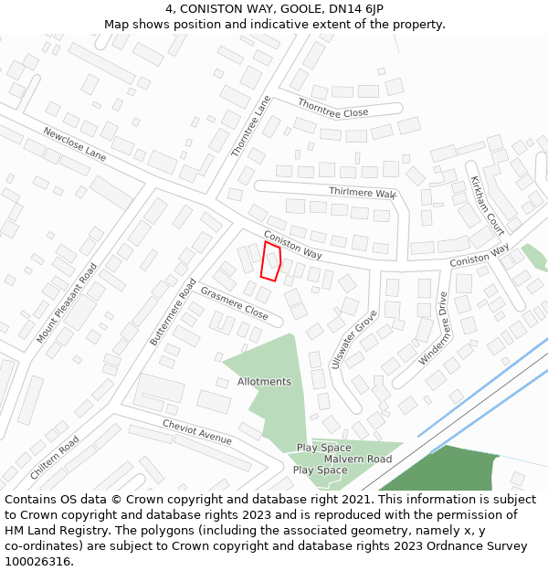 4, CONISTON WAY, GOOLE, DN14 6JP: Location map and indicative extent of plot