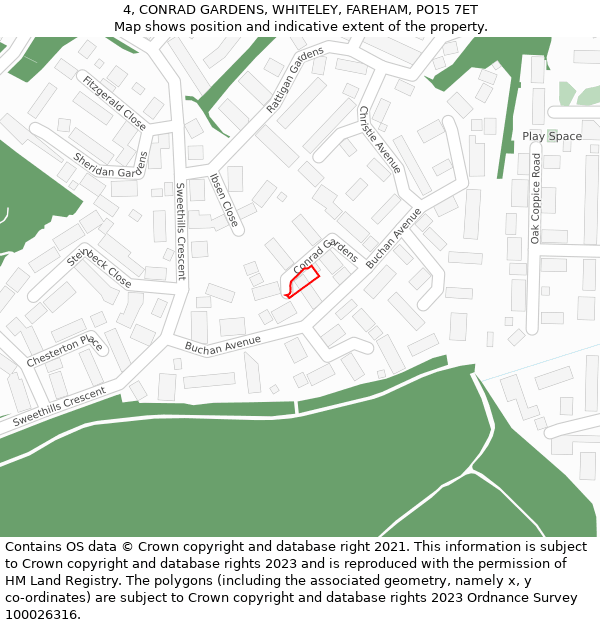 4, CONRAD GARDENS, WHITELEY, FAREHAM, PO15 7ET: Location map and indicative extent of plot