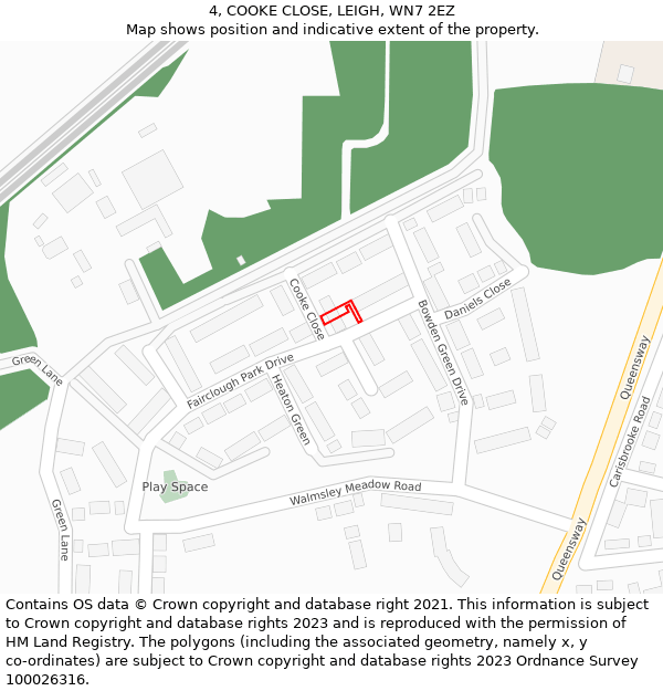 4, COOKE CLOSE, LEIGH, WN7 2EZ: Location map and indicative extent of plot