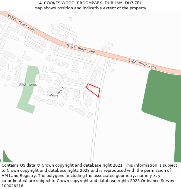 4, COOKES WOOD, BROOMPARK, DURHAM, DH7 7RL: Location map and indicative extent of plot