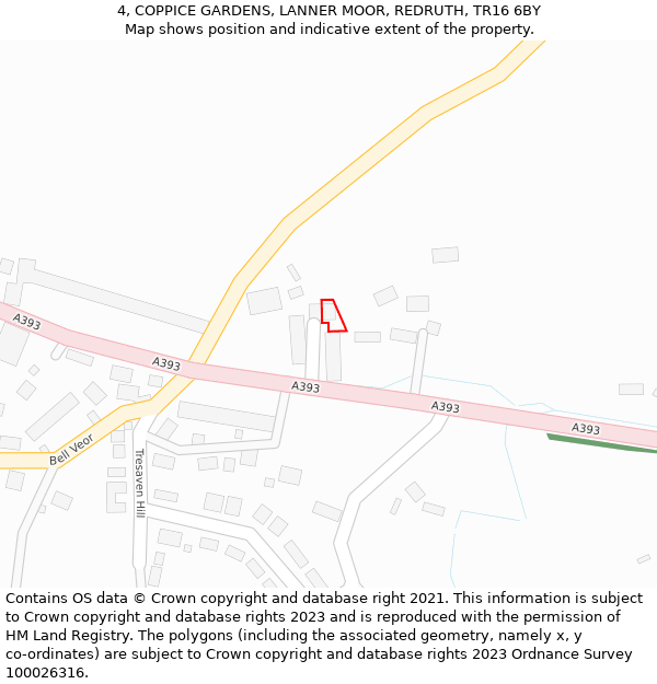 4, COPPICE GARDENS, LANNER MOOR, REDRUTH, TR16 6BY: Location map and indicative extent of plot