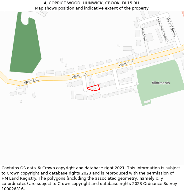 4, COPPICE WOOD, HUNWICK, CROOK, DL15 0LL: Location map and indicative extent of plot