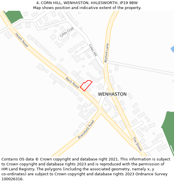 4, CORN HILL, WENHASTON, HALESWORTH, IP19 9BW: Location map and indicative extent of plot