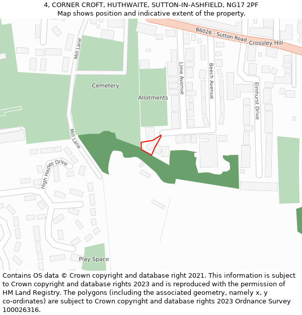 4, CORNER CROFT, HUTHWAITE, SUTTON-IN-ASHFIELD, NG17 2PF: Location map and indicative extent of plot