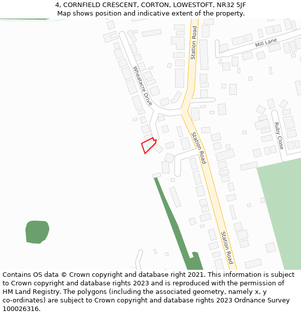 4, CORNFIELD CRESCENT, CORTON, LOWESTOFT, NR32 5JF: Location map and indicative extent of plot