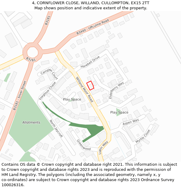 4, CORNFLOWER CLOSE, WILLAND, CULLOMPTON, EX15 2TT: Location map and indicative extent of plot