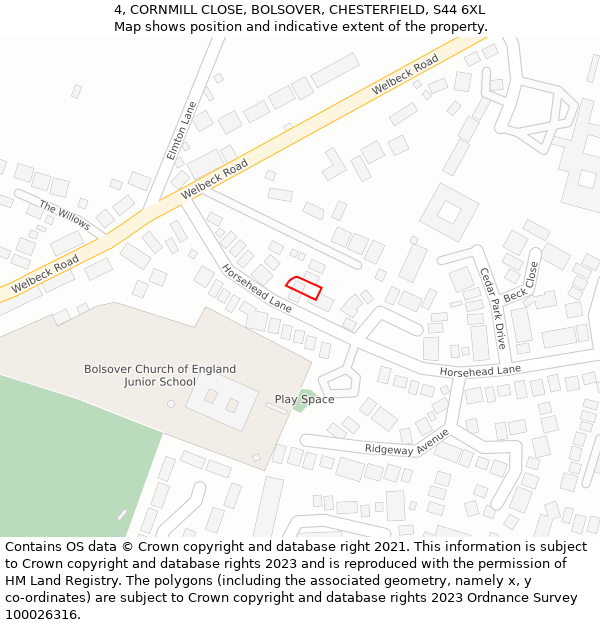 4, CORNMILL CLOSE, BOLSOVER, CHESTERFIELD, S44 6XL: Location map and indicative extent of plot