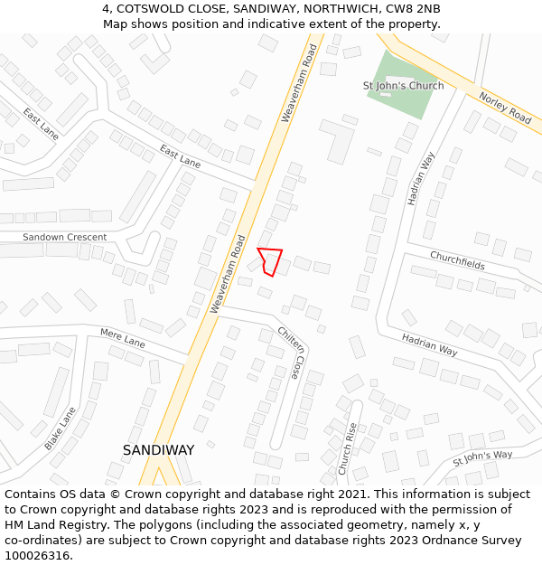 4, COTSWOLD CLOSE, SANDIWAY, NORTHWICH, CW8 2NB: Location map and indicative extent of plot