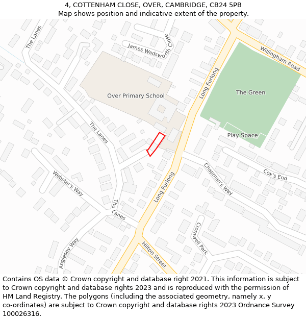 4, COTTENHAM CLOSE, OVER, CAMBRIDGE, CB24 5PB: Location map and indicative extent of plot