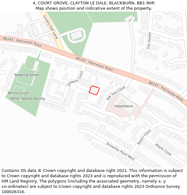 4, COURT GROVE, CLAYTON LE DALE, BLACKBURN, BB1 9HR: Location map and indicative extent of plot