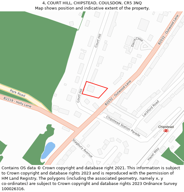 4, COURT HILL, CHIPSTEAD, COULSDON, CR5 3NQ: Location map and indicative extent of plot