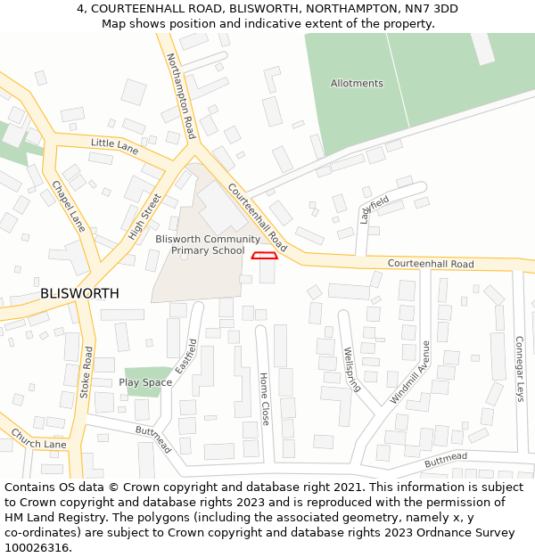 4, COURTEENHALL ROAD, BLISWORTH, NORTHAMPTON, NN7 3DD: Location map and indicative extent of plot