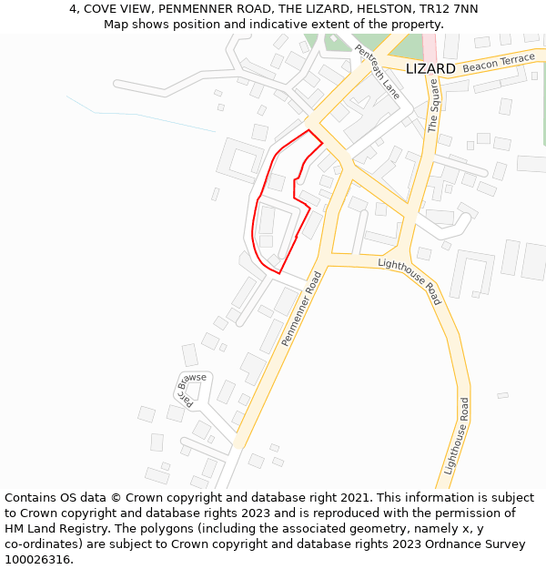 4, COVE VIEW, PENMENNER ROAD, THE LIZARD, HELSTON, TR12 7NN: Location map and indicative extent of plot