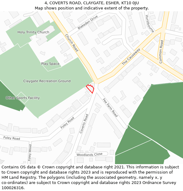 4, COVERTS ROAD, CLAYGATE, ESHER, KT10 0JU: Location map and indicative extent of plot