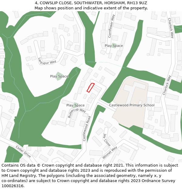 4, COWSLIP CLOSE, SOUTHWATER, HORSHAM, RH13 9UZ: Location map and indicative extent of plot