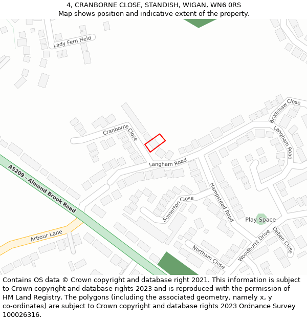 4, CRANBORNE CLOSE, STANDISH, WIGAN, WN6 0RS: Location map and indicative extent of plot