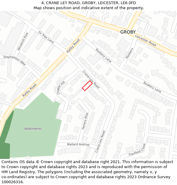 4, CRANE LEY ROAD, GROBY, LEICESTER, LE6 0FD: Location map and indicative extent of plot