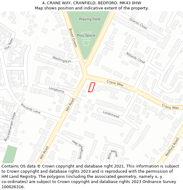 4, CRANE WAY, CRANFIELD, BEDFORD, MK43 0HW: Location map and indicative extent of plot