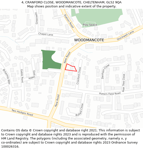 4, CRANFORD CLOSE, WOODMANCOTE, CHELTENHAM, GL52 9QA: Location map and indicative extent of plot