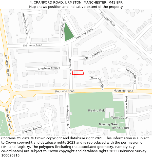 4, CRANFORD ROAD, URMSTON, MANCHESTER, M41 8PR: Location map and indicative extent of plot