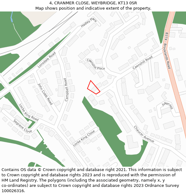 4, CRANMER CLOSE, WEYBRIDGE, KT13 0SR: Location map and indicative extent of plot