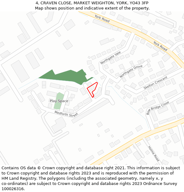 4, CRAVEN CLOSE, MARKET WEIGHTON, YORK, YO43 3FP: Location map and indicative extent of plot