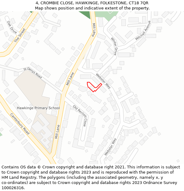 4, CROMBIE CLOSE, HAWKINGE, FOLKESTONE, CT18 7QR: Location map and indicative extent of plot