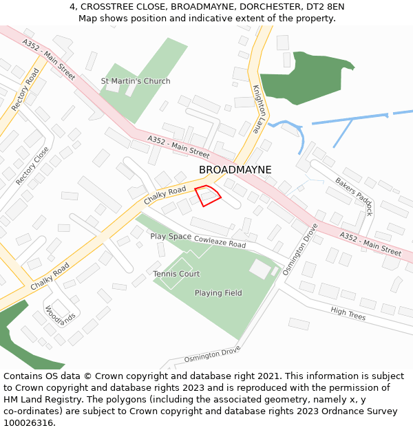 4, CROSSTREE CLOSE, BROADMAYNE, DORCHESTER, DT2 8EN: Location map and indicative extent of plot