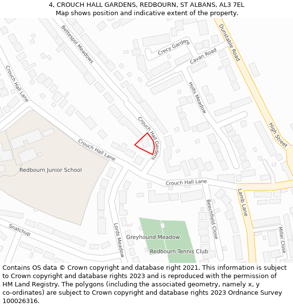 4, CROUCH HALL GARDENS, REDBOURN, ST ALBANS, AL3 7EL: Location map and indicative extent of plot