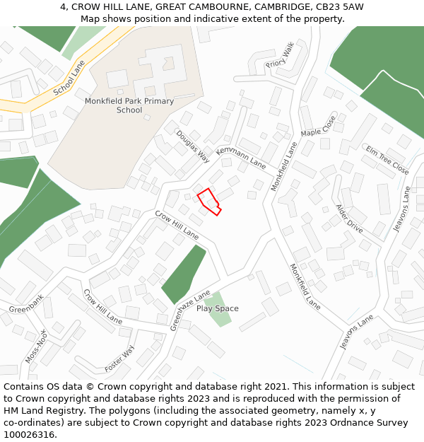 4, CROW HILL LANE, GREAT CAMBOURNE, CAMBRIDGE, CB23 5AW: Location map and indicative extent of plot