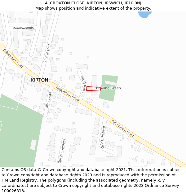 4, CROXTON CLOSE, KIRTON, IPSWICH, IP10 0NJ: Location map and indicative extent of plot