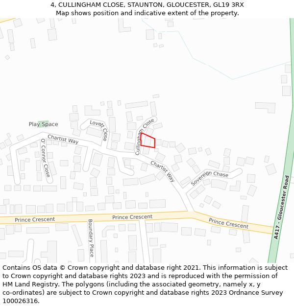 4, CULLINGHAM CLOSE, STAUNTON, GLOUCESTER, GL19 3RX: Location map and indicative extent of plot