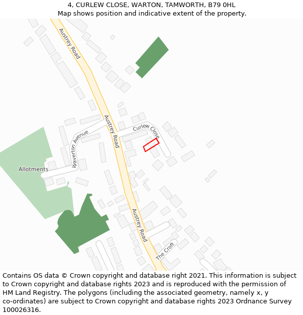 4, CURLEW CLOSE, WARTON, TAMWORTH, B79 0HL: Location map and indicative extent of plot