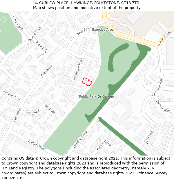 4, CURLEW PLACE, HAWKINGE, FOLKESTONE, CT18 7TD: Location map and indicative extent of plot