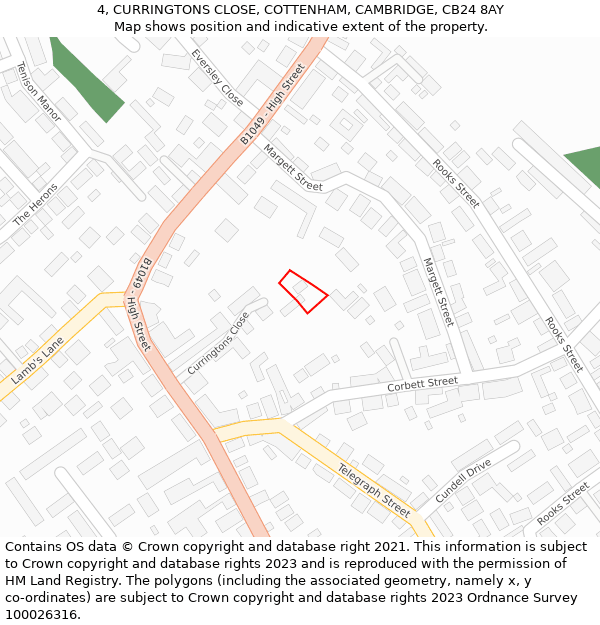 4, CURRINGTONS CLOSE, COTTENHAM, CAMBRIDGE, CB24 8AY: Location map and indicative extent of plot