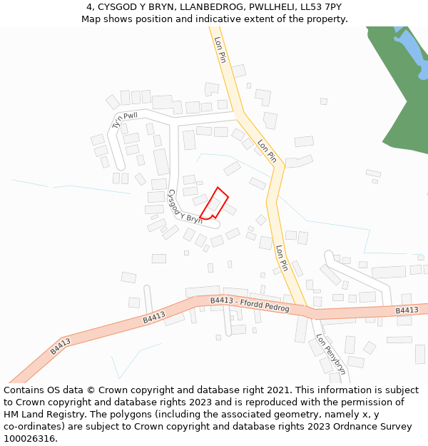 4, CYSGOD Y BRYN, LLANBEDROG, PWLLHELI, LL53 7PY: Location map and indicative extent of plot