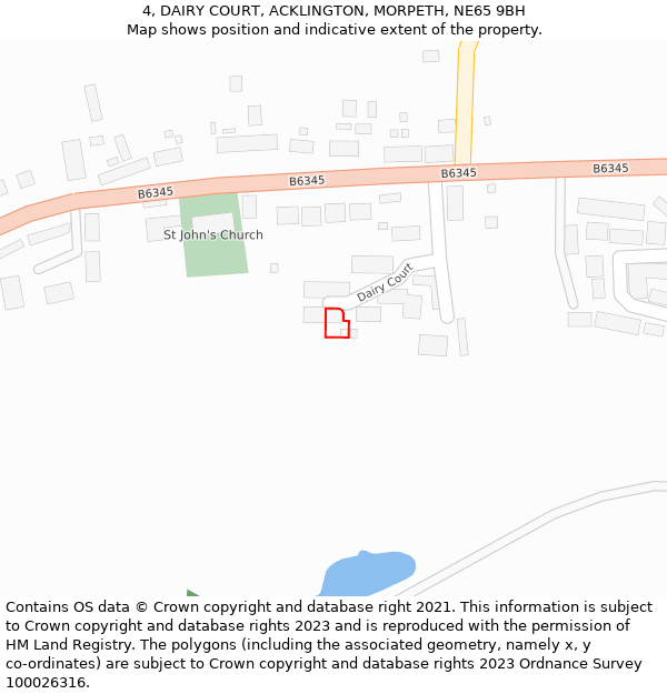 4, DAIRY COURT, ACKLINGTON, MORPETH, NE65 9BH: Location map and indicative extent of plot