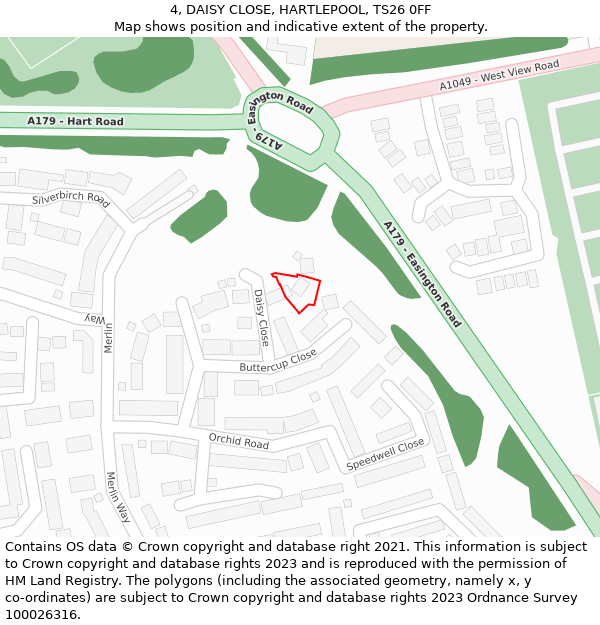 4, DAISY CLOSE, HARTLEPOOL, TS26 0FF: Location map and indicative extent of plot