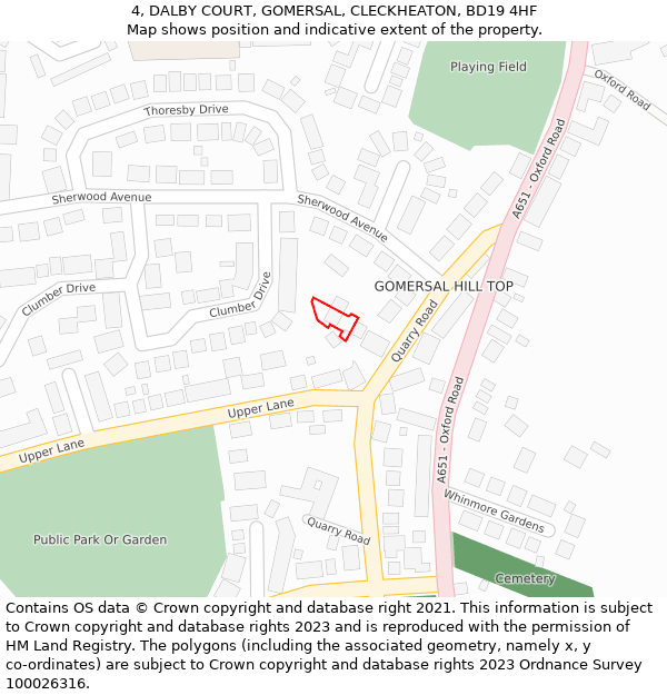 4, DALBY COURT, GOMERSAL, CLECKHEATON, BD19 4HF: Location map and indicative extent of plot