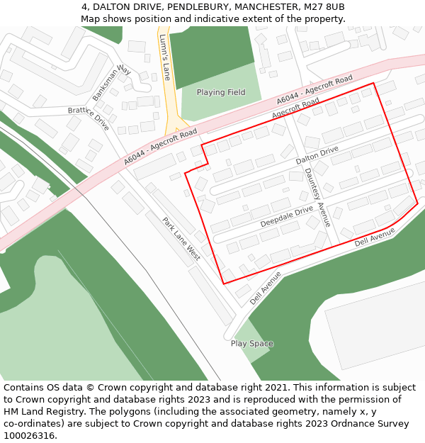 4, DALTON DRIVE, PENDLEBURY, MANCHESTER, M27 8UB: Location map and indicative extent of plot