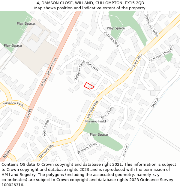 4, DAMSON CLOSE, WILLAND, CULLOMPTON, EX15 2QB: Location map and indicative extent of plot