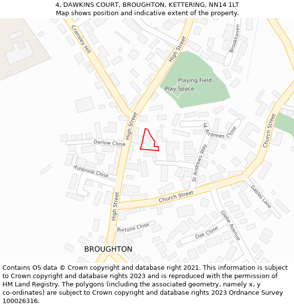 4, DAWKINS COURT, BROUGHTON, KETTERING, NN14 1LT: Location map and indicative extent of plot