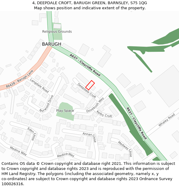 4, DEEPDALE CROFT, BARUGH GREEN, BARNSLEY, S75 1QG: Location map and indicative extent of plot