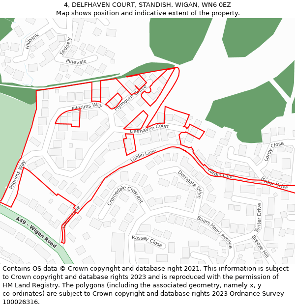 4, DELFHAVEN COURT, STANDISH, WIGAN, WN6 0EZ: Location map and indicative extent of plot