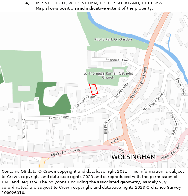 4, DEMESNE COURT, WOLSINGHAM, BISHOP AUCKLAND, DL13 3AW: Location map and indicative extent of plot