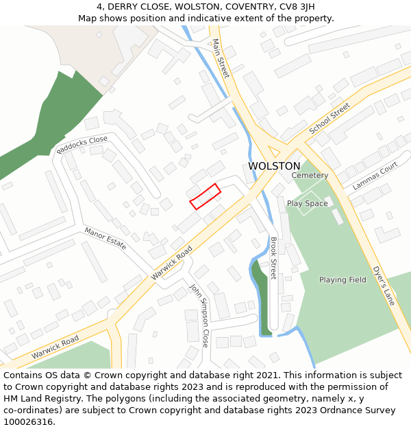 4, DERRY CLOSE, WOLSTON, COVENTRY, CV8 3JH: Location map and indicative extent of plot