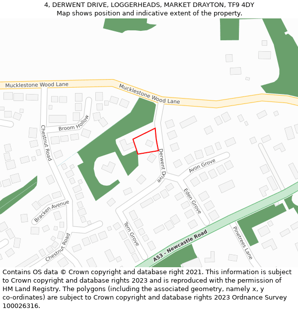 4, DERWENT DRIVE, LOGGERHEADS, MARKET DRAYTON, TF9 4DY: Location map and indicative extent of plot