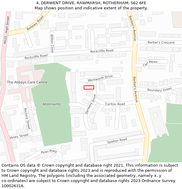 4, DERWENT DRIVE, RAWMARSH, ROTHERHAM, S62 6FE: Location map and indicative extent of plot