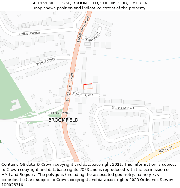 4, DEVERILL CLOSE, BROOMFIELD, CHELMSFORD, CM1 7HX: Location map and indicative extent of plot